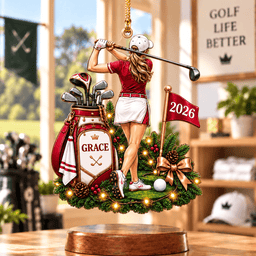 Custom Name Year Red Female Golfer Acrylic Ornament, Christmas Ornaments, Golf Gifts