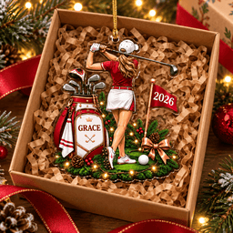 Custom Name Year Red Female Golfer Acrylic Ornament, Christmas Ornaments, Golf Gifts