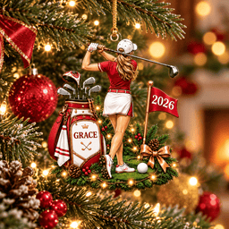 Custom Name Year Red Female Golfer Acrylic Ornament, Christmas Ornaments, Golf Gifts