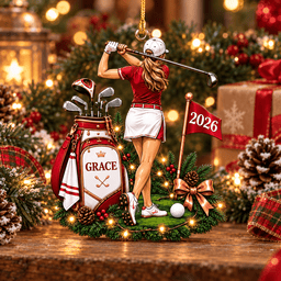 Custom Name Year Red Female Golfer Acrylic Ornament, Christmas Ornaments, Golf Gifts
