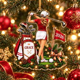 Custom Name Year Red Female Golfer Acrylic Ornament, Christmas Ornaments, Golf Gifts