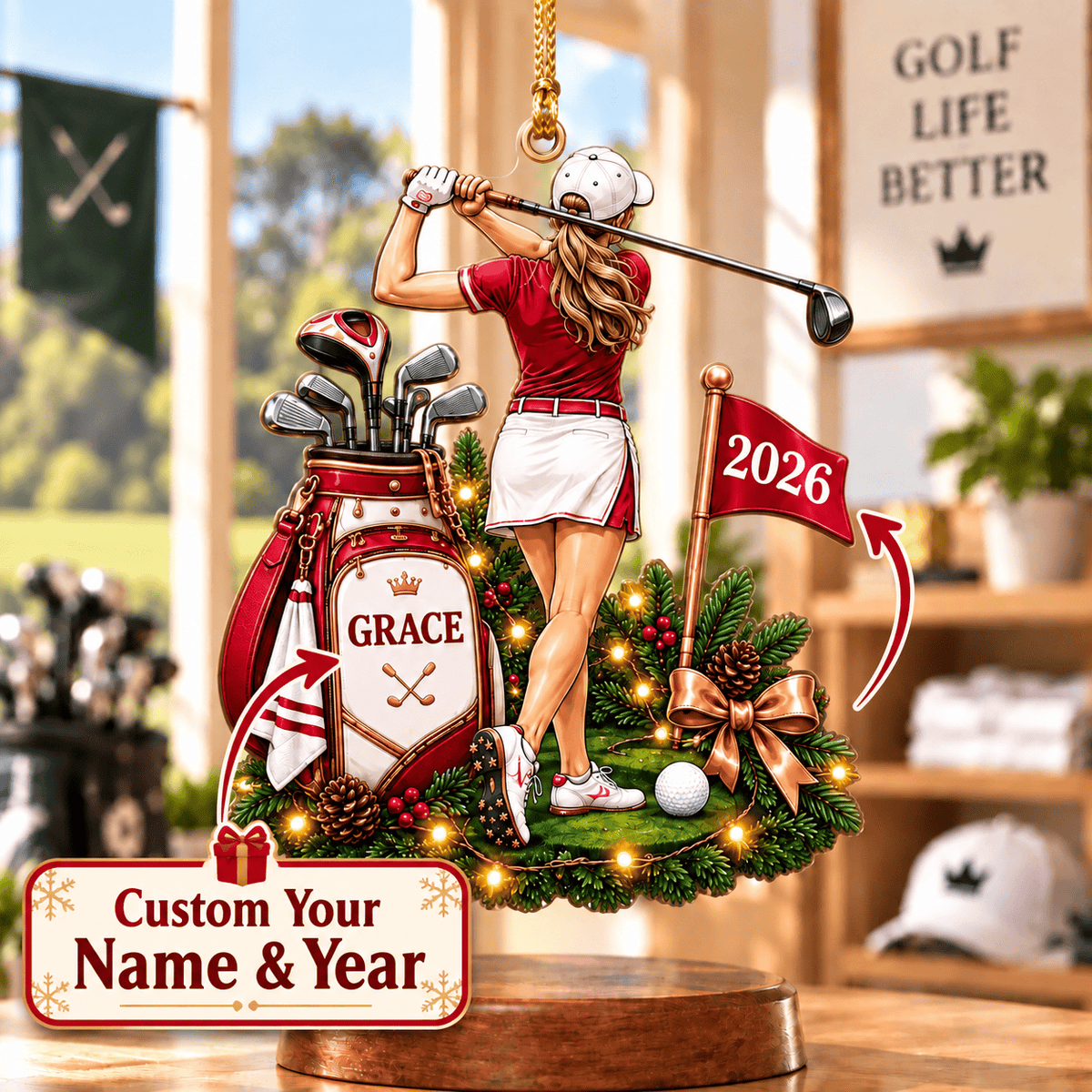 Custom Name Year Red Female Golfer Acrylic Ornament, Christmas Ornaments, Golf Gifts