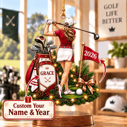 Custom Name Year Red Female Golfer Acrylic Ornament, Christmas Ornaments, Golf Gifts