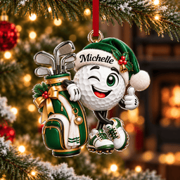 Custom Name Green Golf Ball Santa Hat Acrylic Ornament, Holiday Gifts, Golfer Gifts