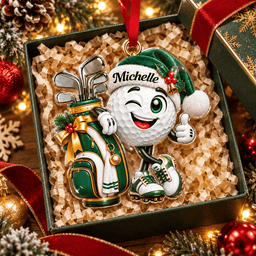 Custom Name Green Golf Ball Santa Hat Acrylic Ornament, Holiday Gifts, Golfer Gifts