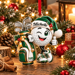 Custom Name Green Golf Ball Santa Hat Acrylic Ornament, Holiday Gifts, Golfer Gifts