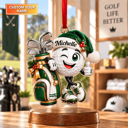 Custom Name Green Golf Ball Santa Hat Acrylic Ornament, Holiday Gifts, Golfer Gifts