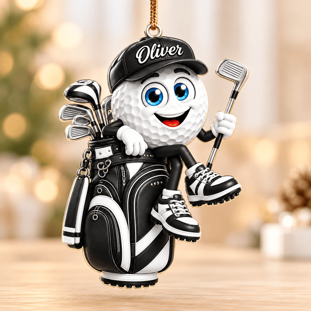 Custom Name Black Golf Ball In Golf Bag Acrylic Ornament, Christmas Gifts, Golf Gifts