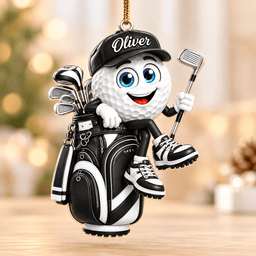 Custom Name Black Golf Ball In Golf Bag Acrylic Ornament, Christmas Gifts, Golf Gifts