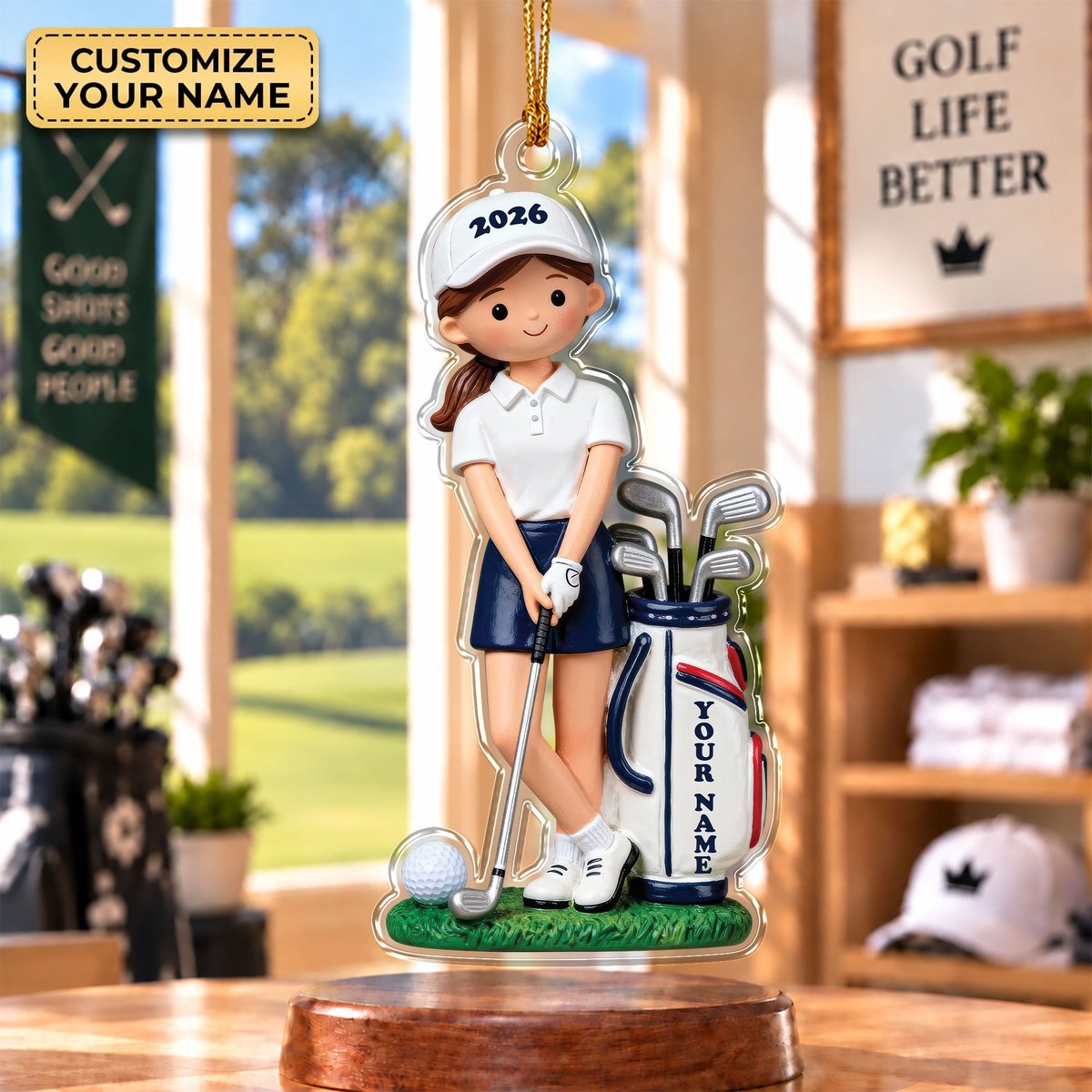 Custom Name Young Girl Golfer Acrylic Ornament, Christmas Ornaments, Golf Gifts
