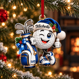 Custom Name Blue Golf Ball Santa Hat Acrylic Ornament, Christmas Gifts, Golfer Gifts