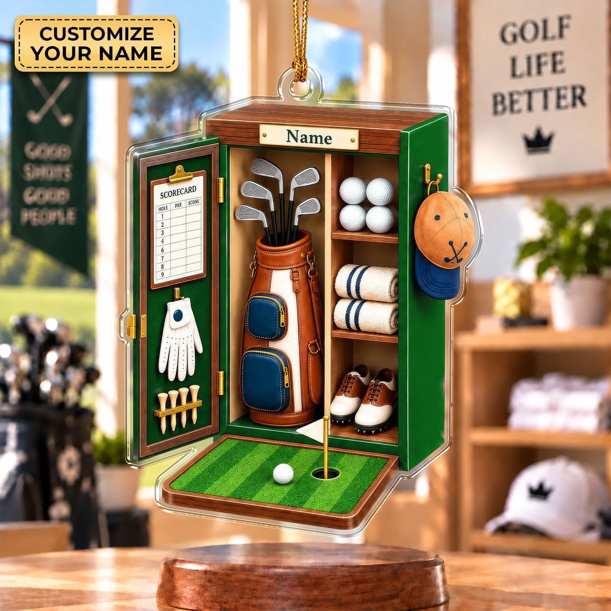 Custom Name Green Golf Locker Acrylic Ornament, Christmas Tree Decor, Golfer Gifts
