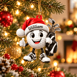 Custom Name Black Santa Hat Golf Ball Acrylic Ornament, Christmas Gifts, Golfer Gifts