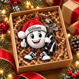 Custom Name Black Santa Hat Golf Ball Acrylic Ornament, Christmas Gifts, Golfer Gifts