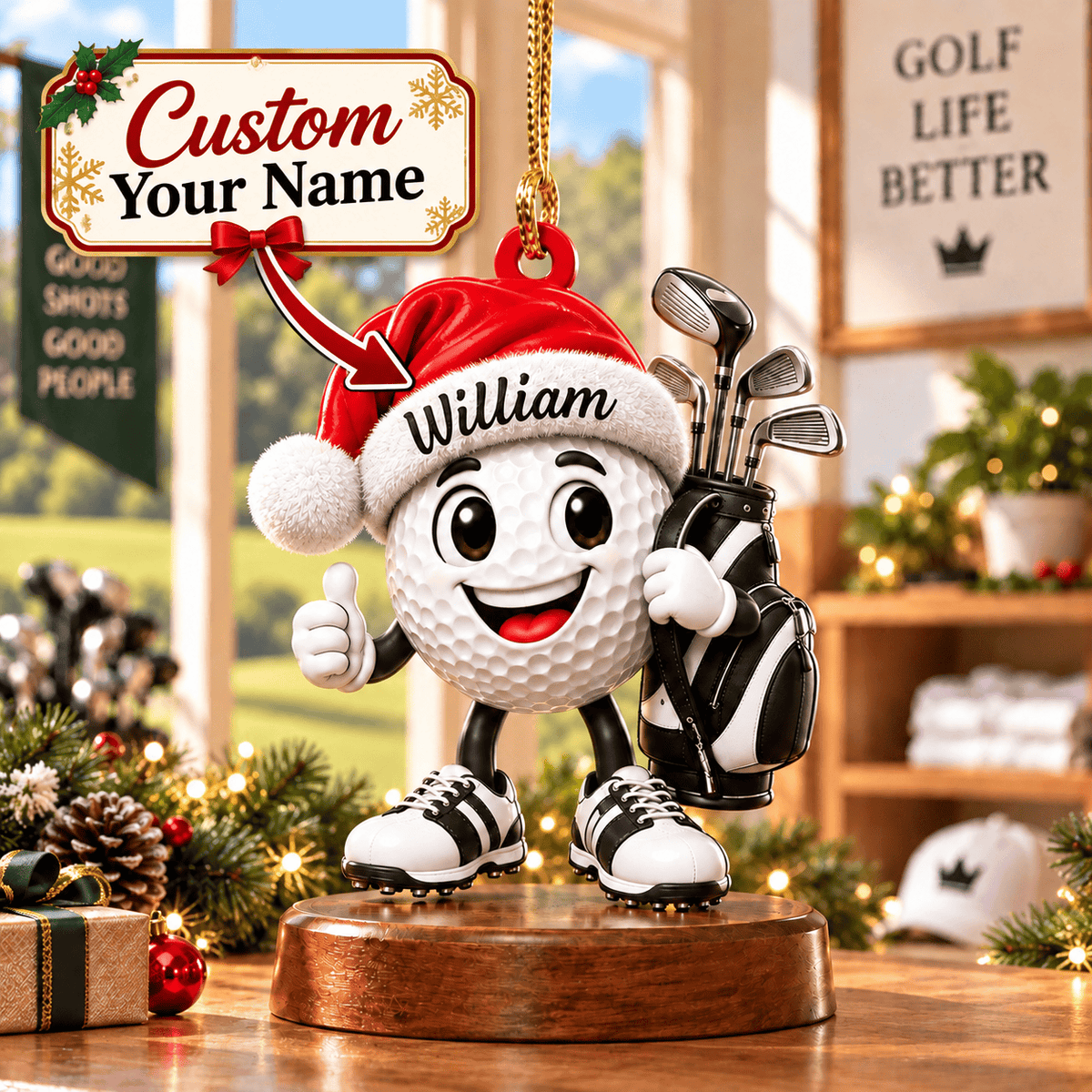 Custom Name Black Santa Hat Golf Ball Acrylic Ornament, Christmas Gifts, Golfer Gifts