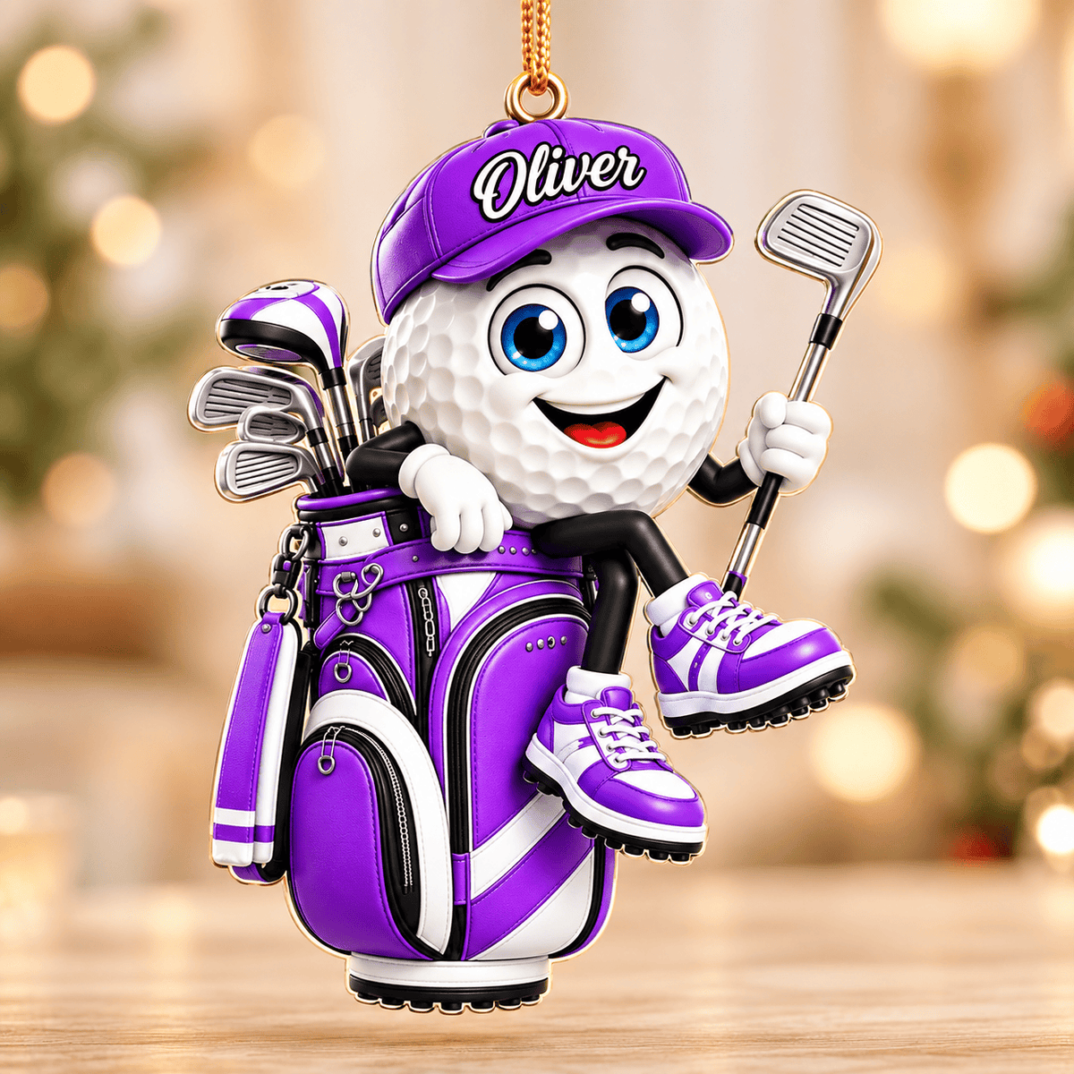 Custom Name Purple Golf Ball In Golf Bag Acrylic Ornament, Tree Ornaments, Golf Gifts