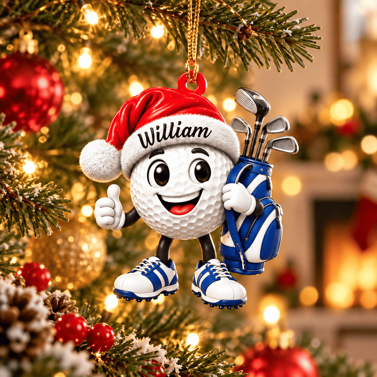 Custom Name Blue Santa Hat Golf Ball Acrylic Ornament, Christmas Gifts, Golfer Gifts
