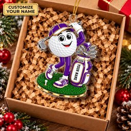 Custom Name Purple Golf Ball Mascot Acrylic Ornament, Christmas Gifts, Golfer Gifts