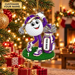 Custom Name Purple Golf Ball Mascot Acrylic Ornament, Christmas Gifts, Golfer Gifts