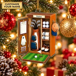 Custom Name Orange Golf Locker Acrylic Ornament, Christmas Ornaments, Golf Gifts