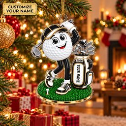 Custom Name Black Golf Ball Mascot Acrylic Ornament, Christmas Ornaments, Golf Gifts