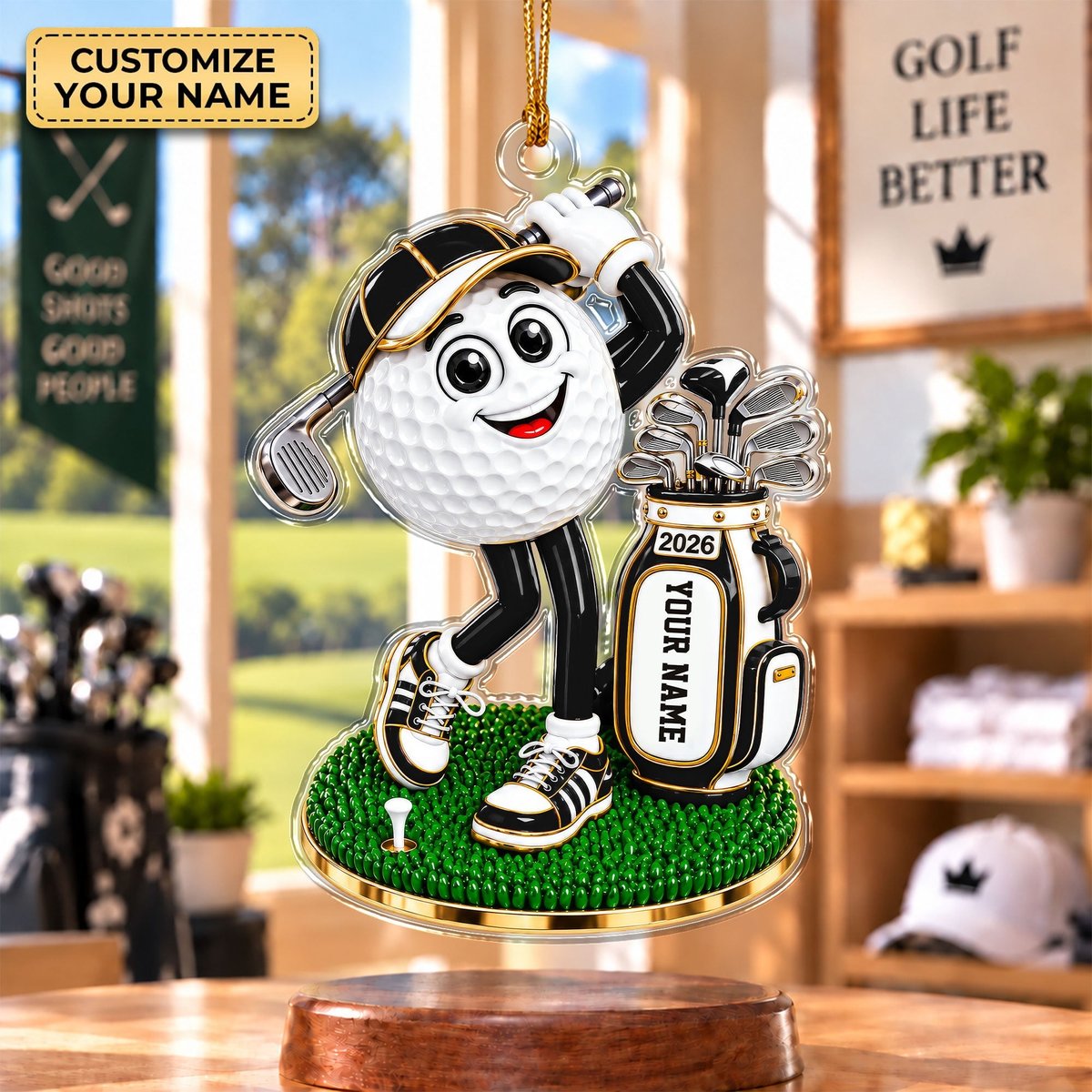 Custom Name Black Golf Ball Mascot Acrylic Ornament, Christmas Ornaments, Golf Gifts