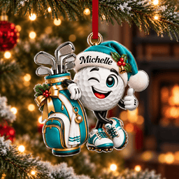 Custom Name Teal Golf Ball Santa Hat Acrylic Ornament, Christmas Gifts, Golf Gifts