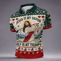 Jesus Savior Golf Therapy Christmas Golf Shirt, Mens Golf Shirts, Mens Golf Apparel