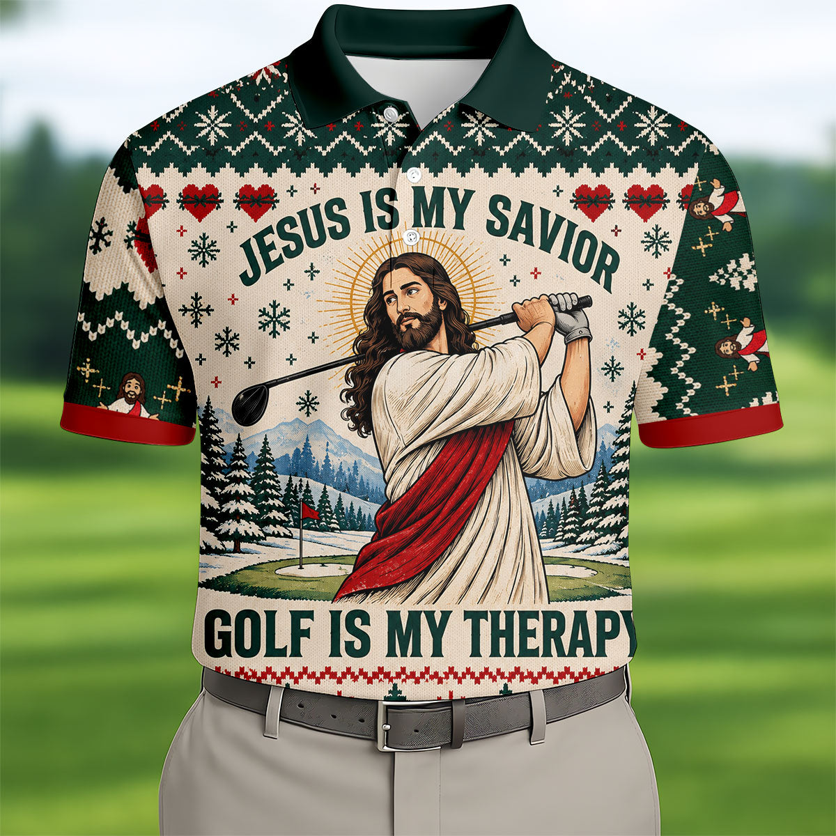 Jesus Savior Golf Therapy Christmas Golf Shirt, Mens Golf Shirts, Mens Golf Apparel