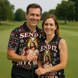 Send It Golf Halo Jesus Christmas Golf Shirt, Mens Golf Apparel, Golf Gifts For Men