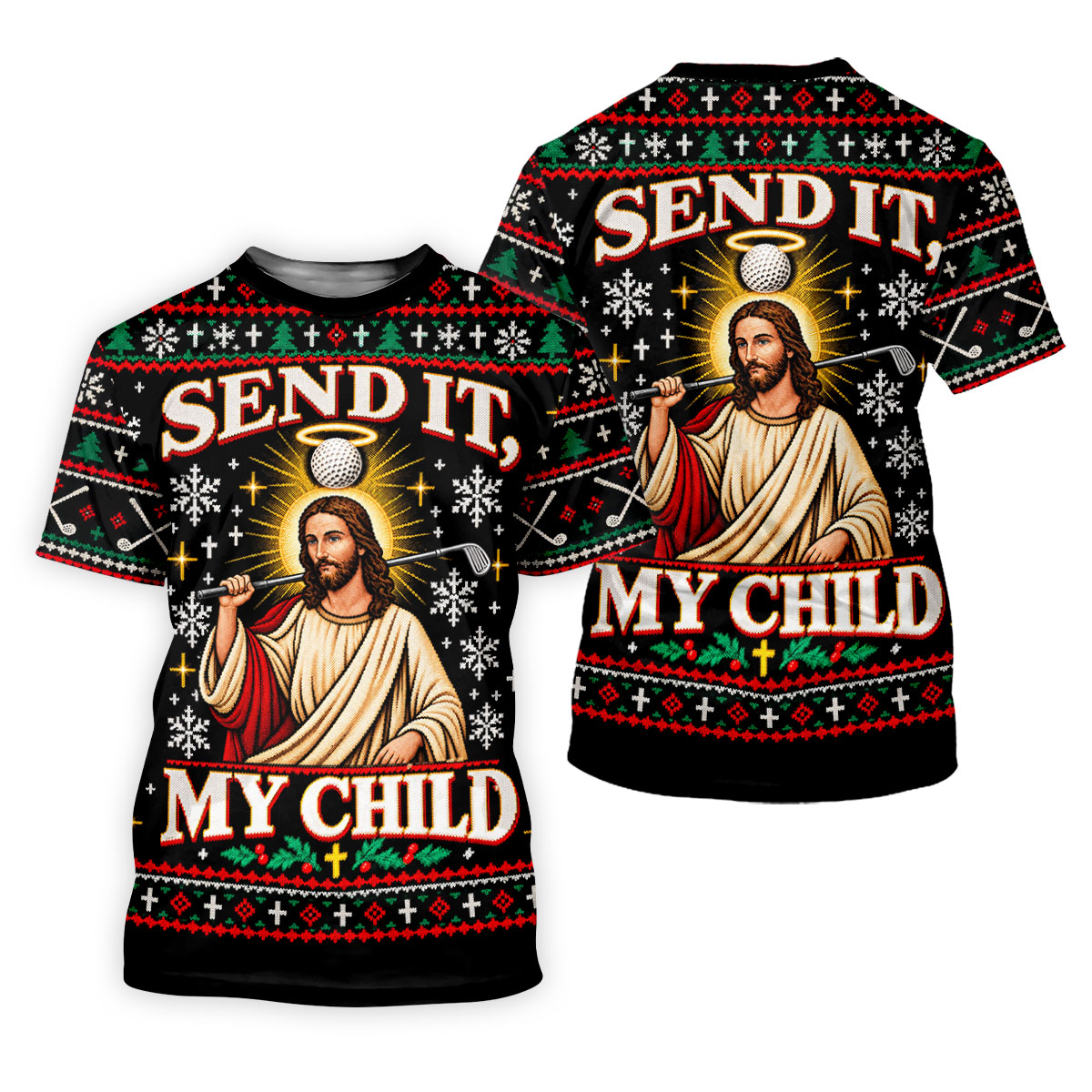 Send It Golf Halo Jesus Christmas Golf Shirt, Mens Golf Apparel, Golf Gifts For Men