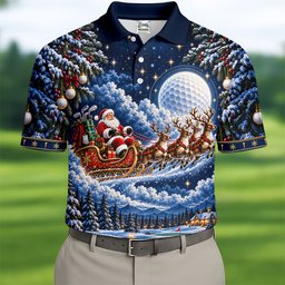Santa Sleigh Golf Moon Christmas Golf Shirt, Mens Golf Polo, Mens Holiday Golf Shirts
