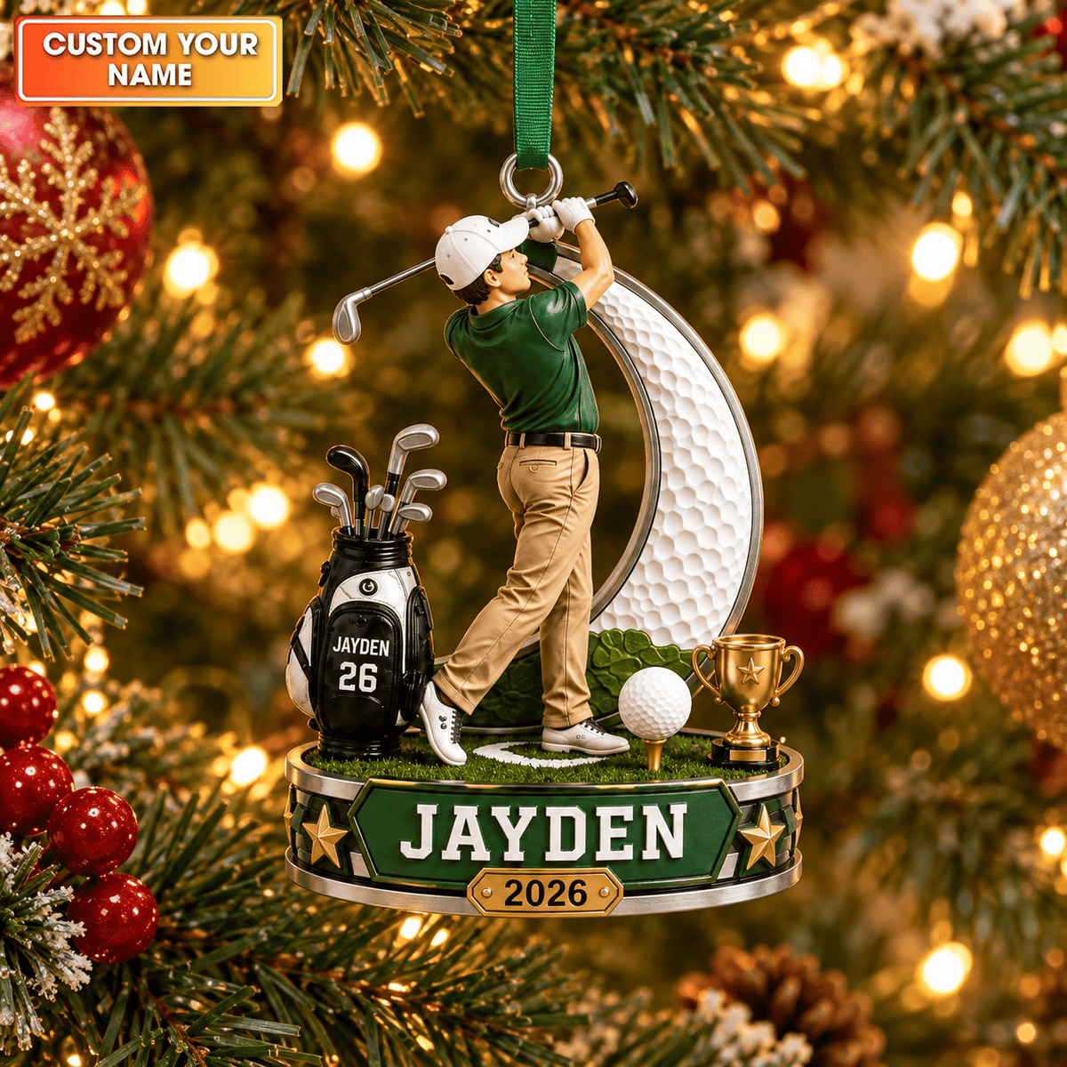 Custom Name Golf Swing Acrylic Ornament, Christmas Ornaments, Holiday Tree Decor