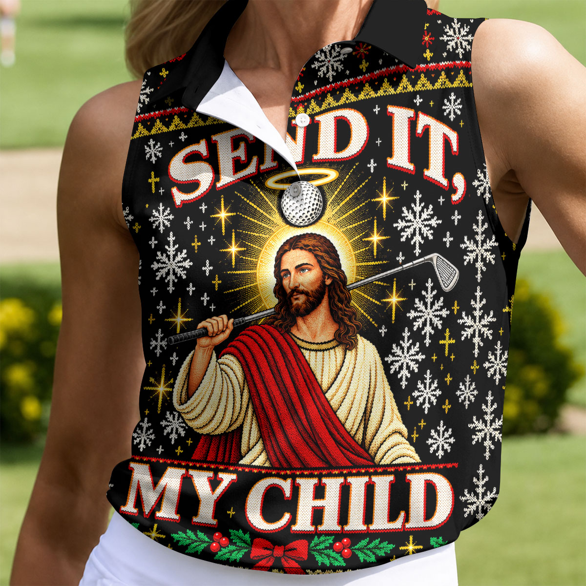 Send It My Child Jesus Christmas Golf Shirt, Ladies Golf Apparel, Womens Golf Apparel
