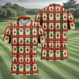 Tree Patchwork Plaid Christmas Golf Shirt, Golf Shirts For Men, Mens Golf Apparel