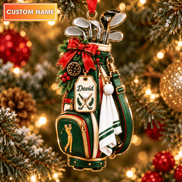 Custom Name Golf Bag Red Bow Acrylic Ornament, Christmas Ornaments, Golfer Gifts