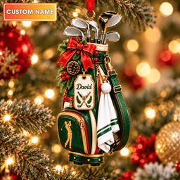 Custom Name Golf Bag Red Bow Acrylic Ornament, Christmas Ornaments, Golfer Gifts