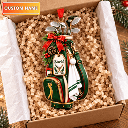 Custom Name Golf Bag Red Bow Acrylic Ornament, Christmas Ornaments, Golfer Gifts