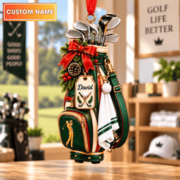 Custom Name Golf Bag Red Bow Acrylic Ornament, Christmas Ornaments, Golfer Gifts