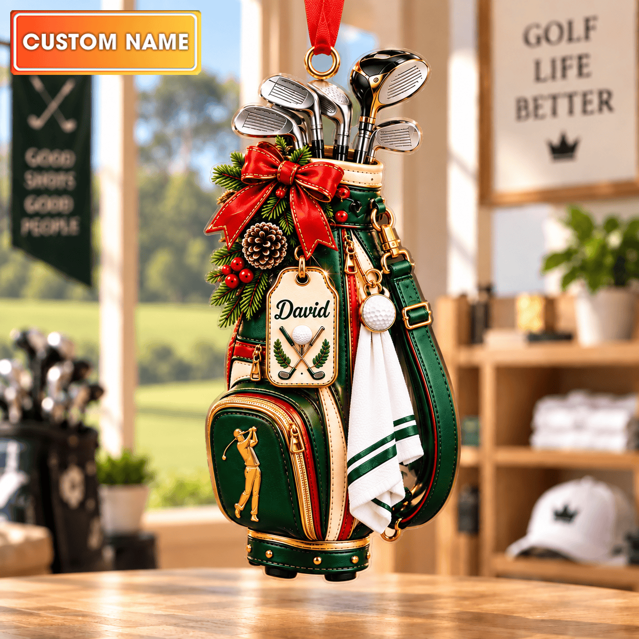 Custom Name Golf Bag Red Bow Acrylic Ornament, Christmas Ornaments, Golfer Gifts