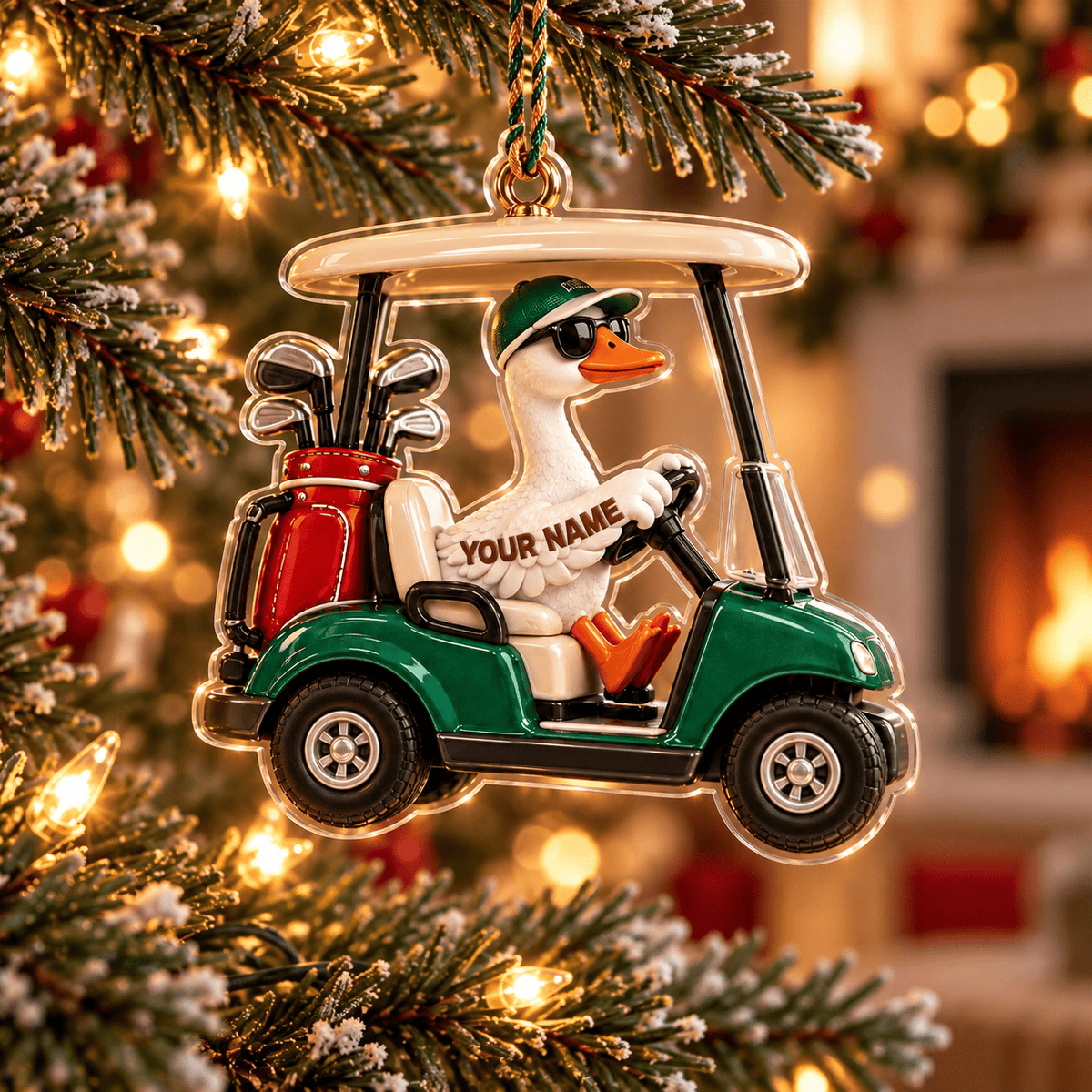 Custom Name Goose Golf Cart Acrylic Ornament, Christmas Tree Decor, Golf Lover Gifts