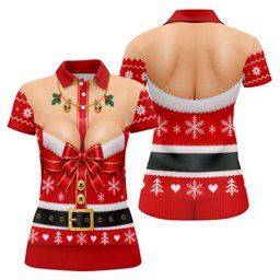 Busty Mrs Claus Red Bow Christmas Golf Shirt, Ladies Golf Tops, Golf Shirts For Women