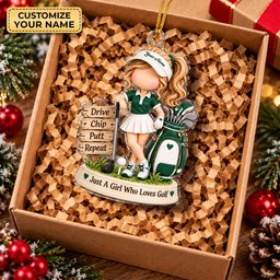 Custom Name Green Golf Girl Acrylic Ornament, Christmas Tree Decor, Golf Lover Gifts