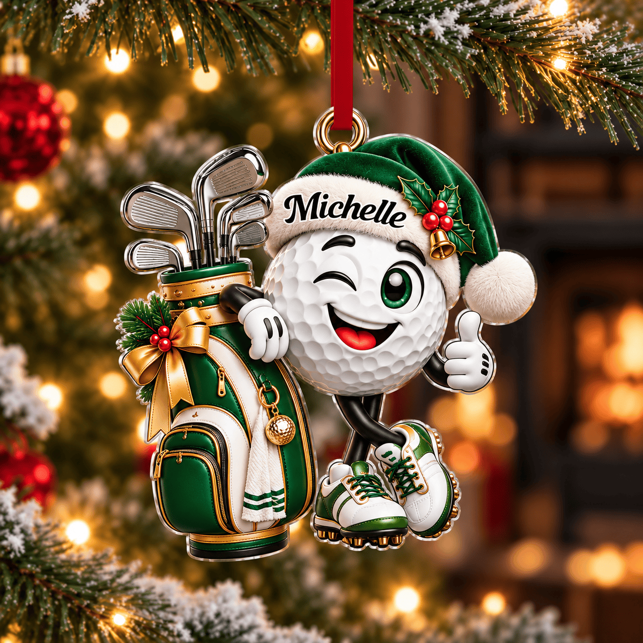 Custom Name Golf Ball Santa Hat Acrylic Ornament, Christmas Ornaments, Golfer Gifts