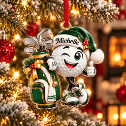 Custom Name Golf Ball Santa Hat Acrylic Ornament, Christmas Ornaments, Golfer Gifts
