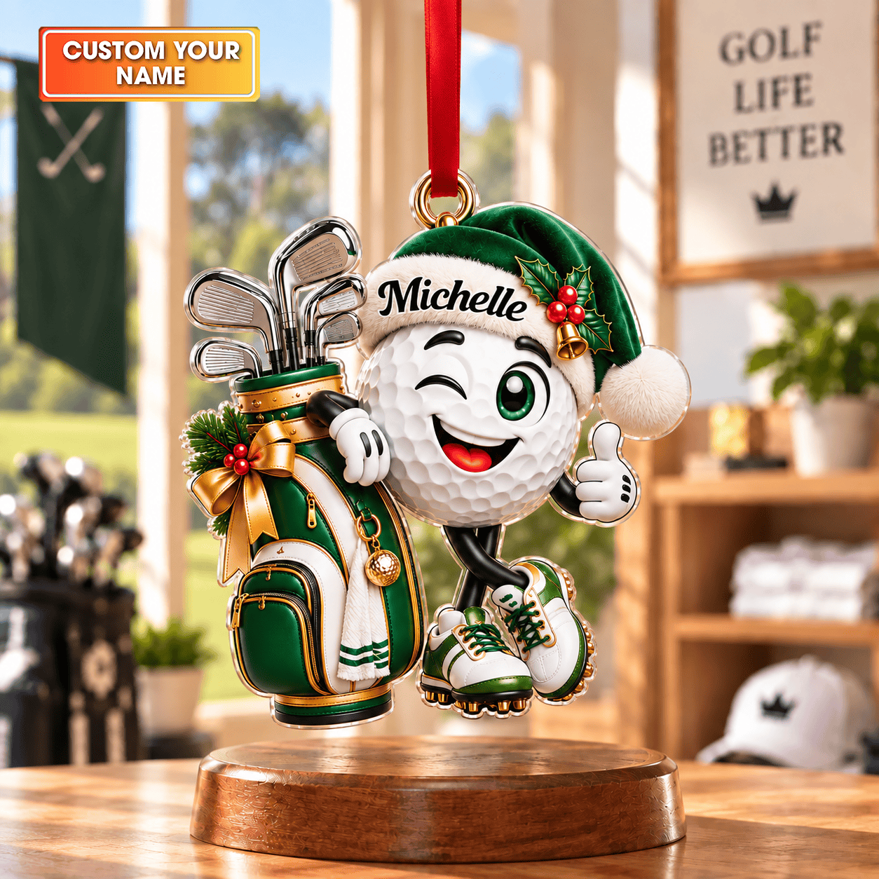 Custom Name Golf Ball Santa Hat Acrylic Ornament, Christmas Ornaments, Golfer Gifts