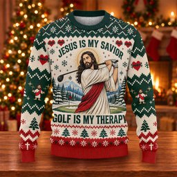 Jesus Savior Golf Therapy Ugly Christmas Sweater, Ugly Sweater Party, Funny Xmas Gift