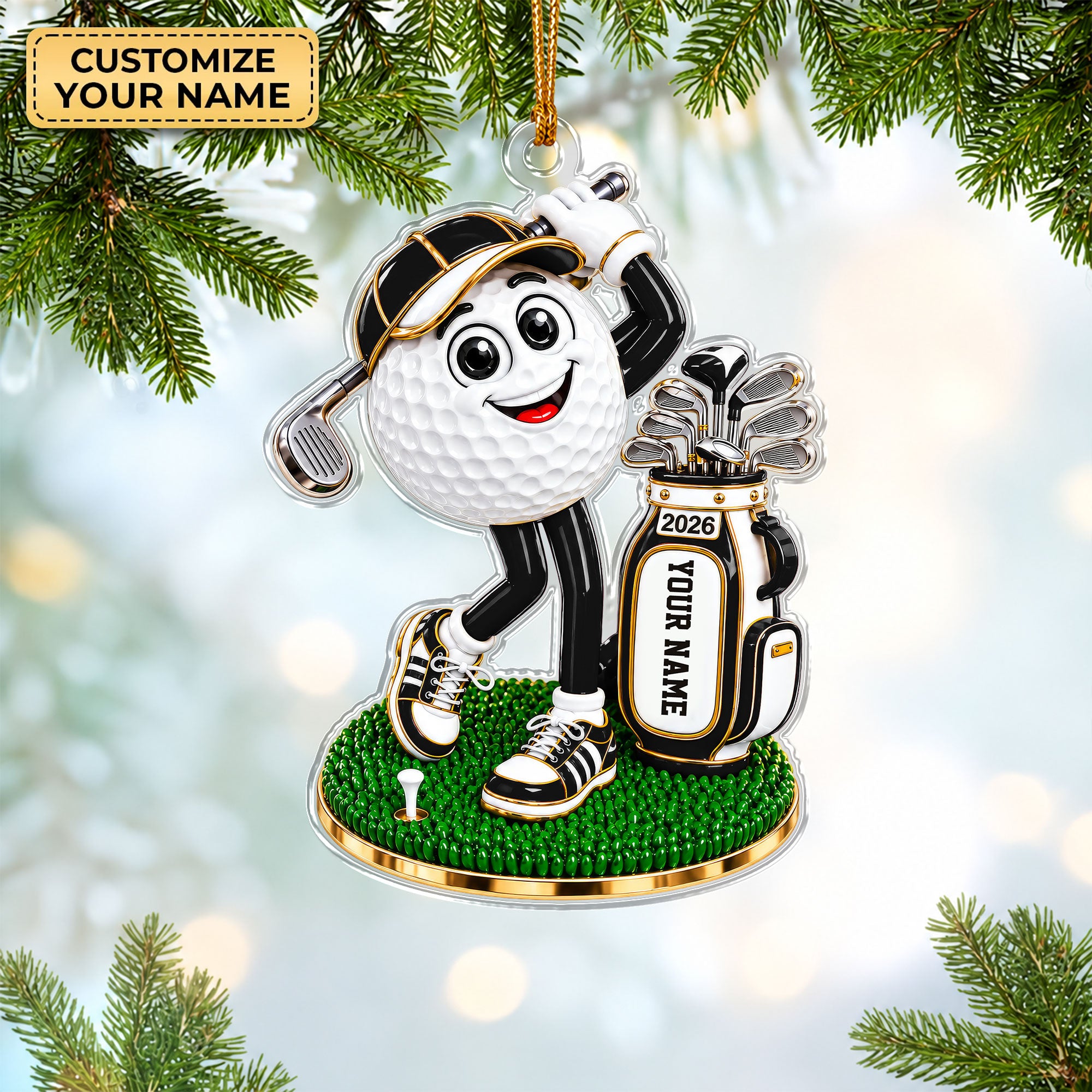 Custom Name Golf Ball Mascot Acrylic Ornament, Christmas Ornaments, Gifts For Golfers