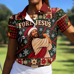 Fore Jesus Santa Hat Christmas Golf Shirt, Golf Shirts For Women, Womens Golf Shirts