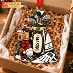 Custom Name Year Eat Sleep Golf Repeat Acrylic Ornament, Christmas Gifts, Golf Gifts